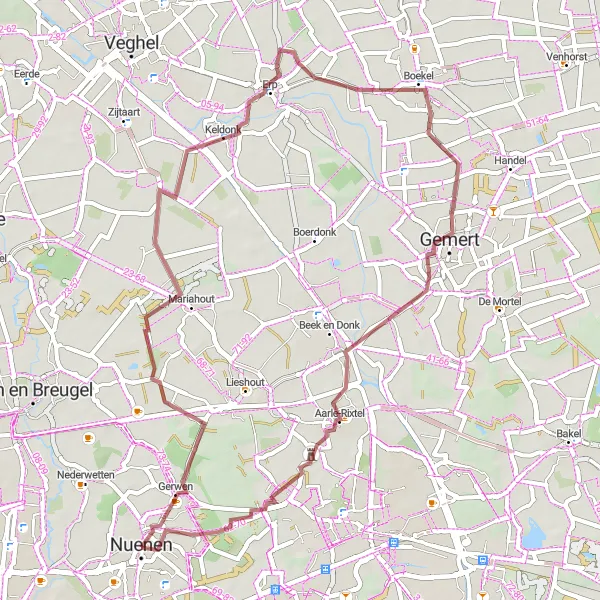 Map miniature of "Gravel Escape" cycling inspiration in Noord-Brabant, Netherlands. Generated by Tarmacs.app cycling route planner