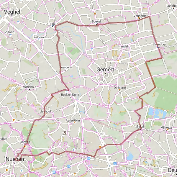 Map miniature of "Lieshout Gravel Loop" cycling inspiration in Noord-Brabant, Netherlands. Generated by Tarmacs.app cycling route planner