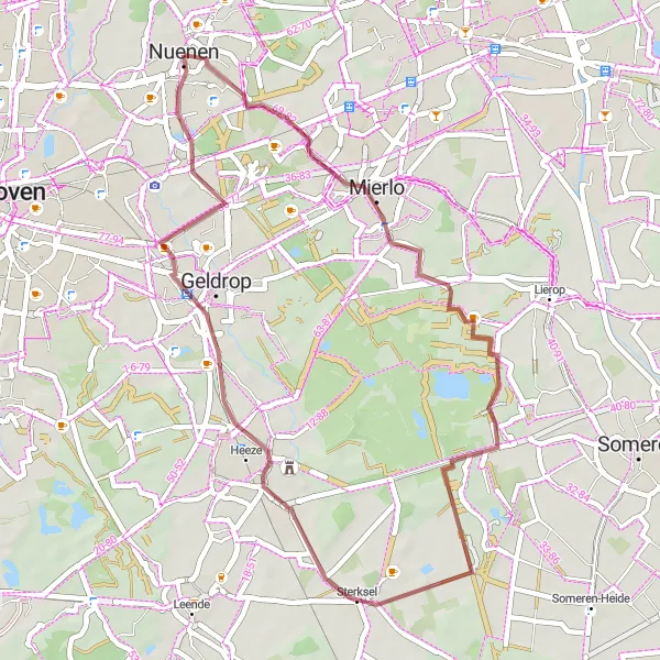 Map miniature of "Nuenen - Ginderover - Nuenen (Gravel)" cycling inspiration in Noord-Brabant, Netherlands. Generated by Tarmacs.app cycling route planner