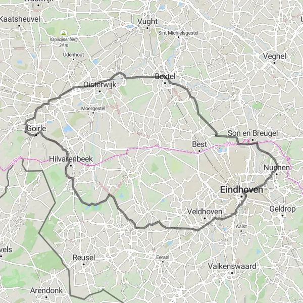 Miniatuurkaart van de fietsinspiratie "Eindhoven - Westelbeers - Hooidonk" in Noord-Brabant, Netherlands. Gemaakt door de Tarmacs.app fietsrouteplanner