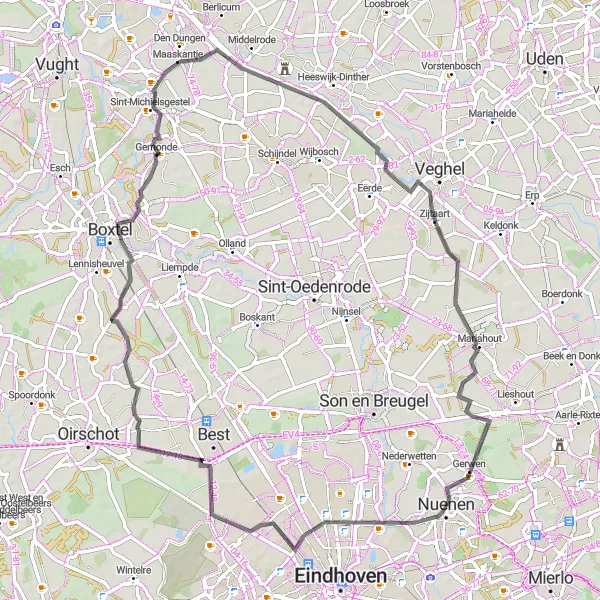 Miniatuurkaart van de fietsinspiratie "Opwetten - Straten - Mariahout" in Noord-Brabant, Netherlands. Gemaakt door de Tarmacs.app fietsrouteplanner