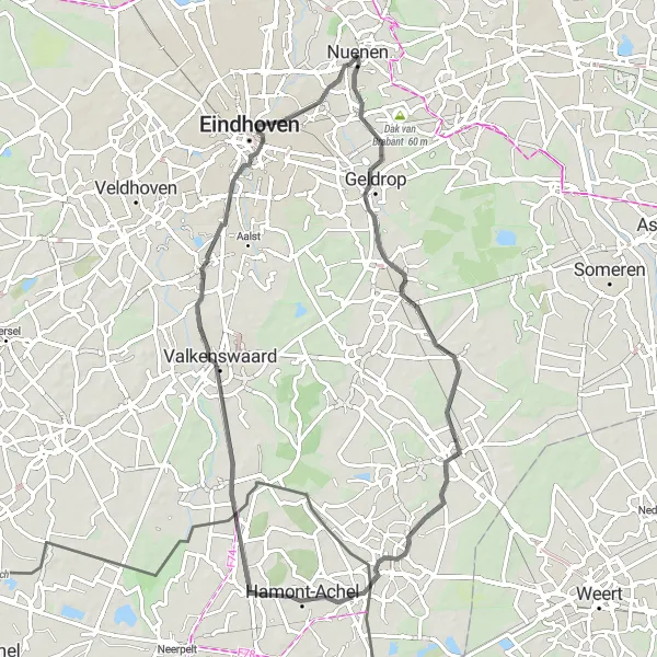 Map miniature of "Nuenen - Hamont-Achel - Nuenen" cycling inspiration in Noord-Brabant, Netherlands. Generated by Tarmacs.app cycling route planner