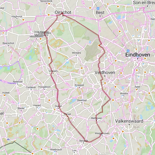 Map miniature of "Rural Charm: Veldhoven to Eersel" cycling inspiration in Noord-Brabant, Netherlands. Generated by Tarmacs.app cycling route planner