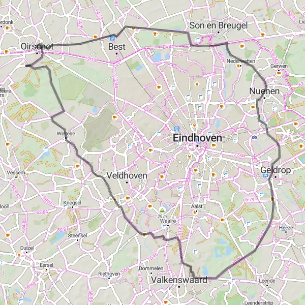 Map miniature of "Oirschot and Hooidonk Loop" cycling inspiration in Noord-Brabant, Netherlands. Generated by Tarmacs.app cycling route planner