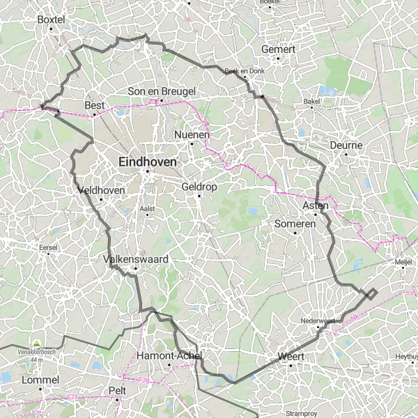 Map miniature of "Oirschot to Vlierden Loop" cycling inspiration in Noord-Brabant, Netherlands. Generated by Tarmacs.app cycling route planner