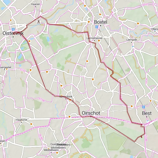 Miniatuurkaart van de fietsinspiratie "Gravelroute door Gever en Boterwijk" in Noord-Brabant, Netherlands. Gemaakt door de Tarmacs.app fietsrouteplanner