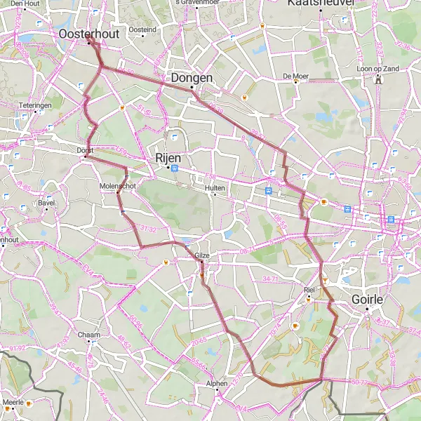 Miniatuurkaart van de fietsinspiratie "Gravelweg door Dongen en Looneind" in Noord-Brabant, Netherlands. Gemaakt door de Tarmacs.app fietsrouteplanner