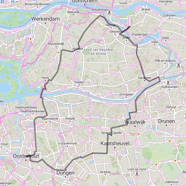 Map miniature of "Oosterhout Round-Trip Cycling Route" cycling inspiration in Noord-Brabant, Netherlands. Generated by Tarmacs.app cycling route planner