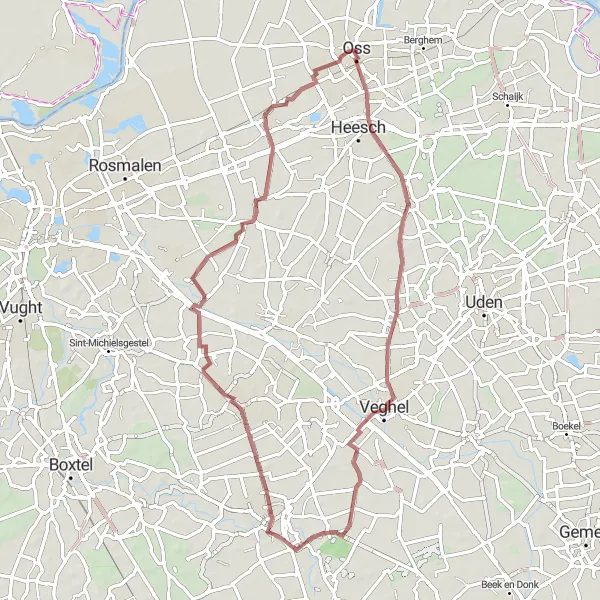 Miniatuurkaart van de fietsinspiratie "Vorstenbosch en Geffen Gravel Route" in Noord-Brabant, Netherlands. Gemaakt door de Tarmacs.app fietsrouteplanner