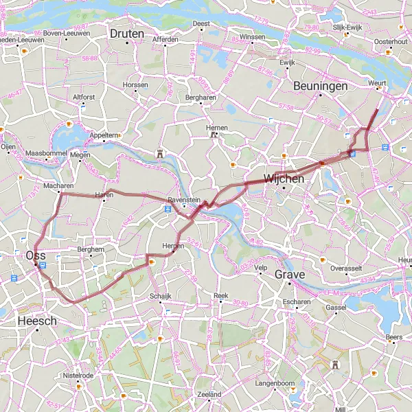 Miniatuurkaart van de fietsinspiratie "Oss en Wijchen Gravel Route" in Noord-Brabant, Netherlands. Gemaakt door de Tarmacs.app fietsrouteplanner