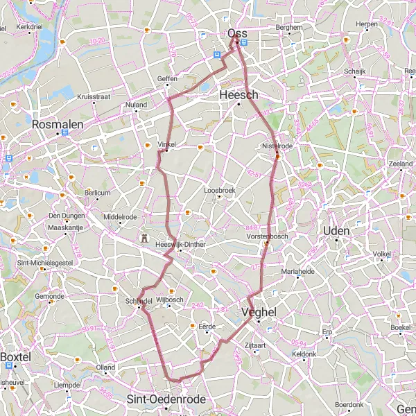 Map miniature of "Gravel Loop: Oss to Vorstenbosch" cycling inspiration in Noord-Brabant, Netherlands. Generated by Tarmacs.app cycling route planner