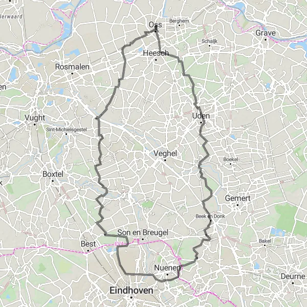 Miniatuurkaart van de fietsinspiratie "Wegroute langs Noord-Brabantse dorpen" in Noord-Brabant, Netherlands. Gemaakt door de Tarmacs.app fietsrouteplanner