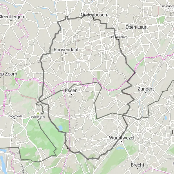 Miniatuurkaart van de fietsinspiratie "Rondrit Oud Gastel - Sint Willebrord - Braken - Gooreind - Wouw" in Noord-Brabant, Netherlands. Gemaakt door de Tarmacs.app fietsrouteplanner