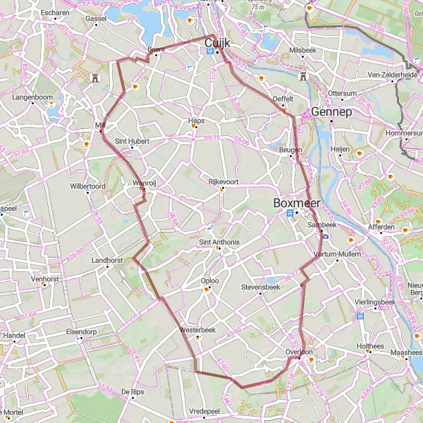 Miniatuurkaart van de fietsinspiratie "Gravelroute Overloon - Westerbeek - Mill - Cuijk" in Noord-Brabant, Netherlands. Gemaakt door de Tarmacs.app fietsrouteplanner