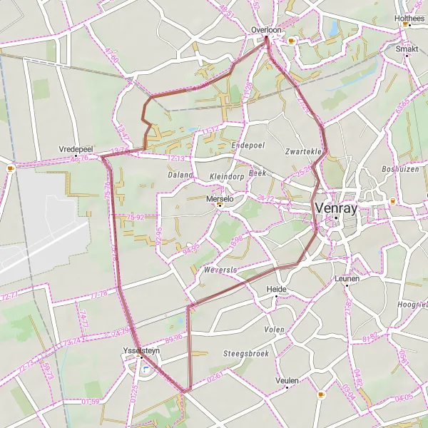 Miniatuurkaart van de fietsinspiratie "Avontuurlijk fietsen van Venray naar Overloon" in Noord-Brabant, Netherlands. Gemaakt door de Tarmacs.app fietsrouteplanner