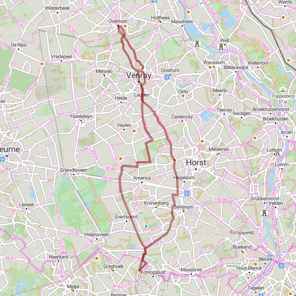 Miniatuurkaart van de fietsinspiratie "Van Leunen naar Overloon over gravelwegen" in Noord-Brabant, Netherlands. Gemaakt door de Tarmacs.app fietsrouteplanner