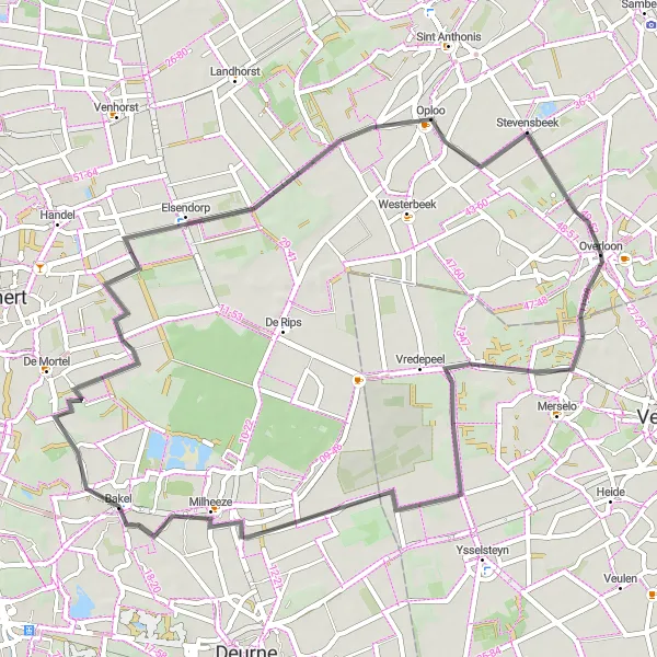 Map miniature of "Overloon Exploration" cycling inspiration in Noord-Brabant, Netherlands. Generated by Tarmacs.app cycling route planner