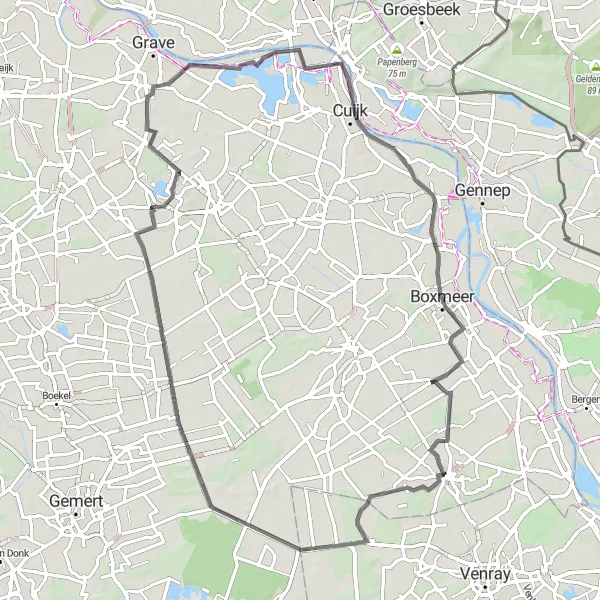 Map miniature of "Historical Journey" cycling inspiration in Noord-Brabant, Netherlands. Generated by Tarmacs.app cycling route planner