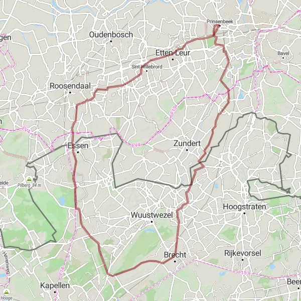 Map miniature of "Prinsenbeek Gravel Loop" cycling inspiration in Noord-Brabant, Netherlands. Generated by Tarmacs.app cycling route planner