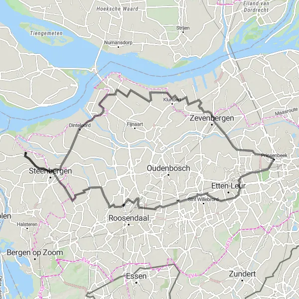 Map miniature of "Road and Steenbergen Route" cycling inspiration in Noord-Brabant, Netherlands. Generated by Tarmacs.app cycling route planner