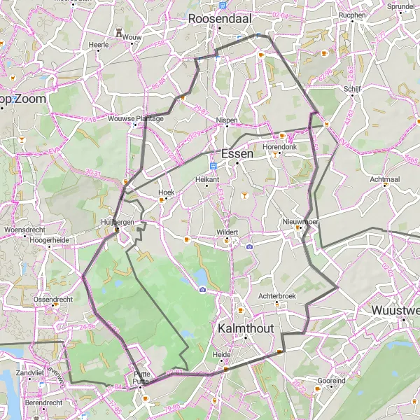 Map miniature of "Exploring Huijbergen and Beyond" cycling inspiration in Noord-Brabant, Netherlands. Generated by Tarmacs.app cycling route planner