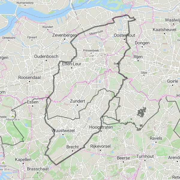 Miniatuurkaart van de fietsinspiratie "Historische Route door Brabant en Zeeland" in Noord-Brabant, Netherlands. Gemaakt door de Tarmacs.app fietsrouteplanner