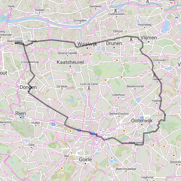 Miniatuurkaart van de fietsinspiratie "Rondje Raamsdonk - Waspik - Distelberg - Moergestel" in Noord-Brabant, Netherlands. Gemaakt door de Tarmacs.app fietsrouteplanner