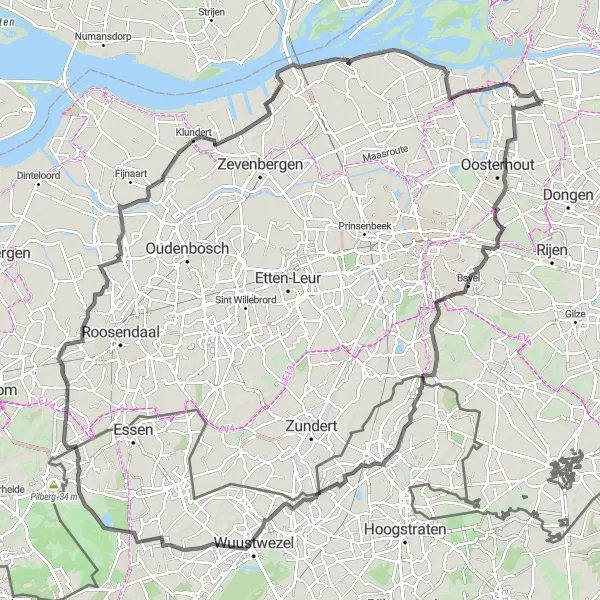 Miniatuurkaart van de fietsinspiratie "Rondje Raamsdonk - Dorst - Achterbroek - Klundert" in Noord-Brabant, Netherlands. Gemaakt door de Tarmacs.app fietsrouteplanner