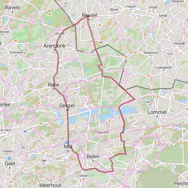 Map miniature of "Postel and Retie Gravel Adventure" cycling inspiration in Noord-Brabant, Netherlands. Generated by Tarmacs.app cycling route planner