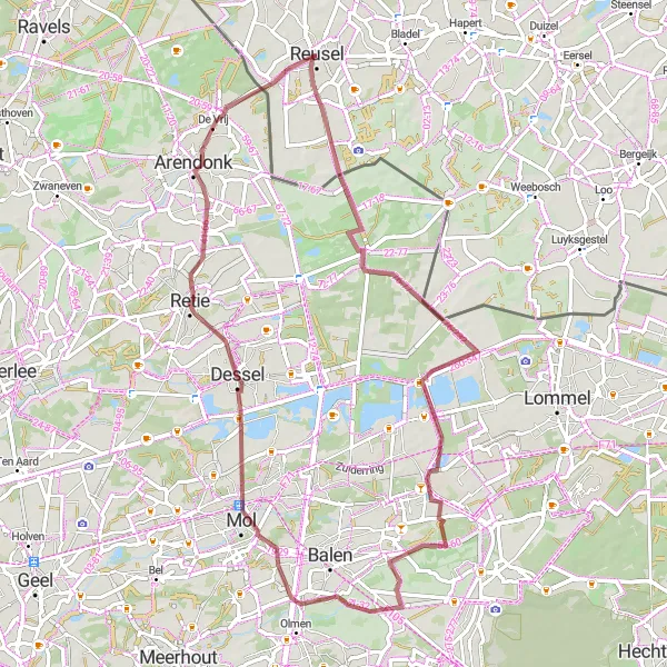 Miniatuurkaart van de fietsinspiratie "Retie - Reusel Graveltocht" in Noord-Brabant, Netherlands. Gemaakt door de Tarmacs.app fietsrouteplanner