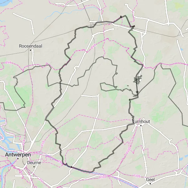 Map miniature of "Road Cycling Adventure in Noord-Brabant" cycling inspiration in Noord-Brabant, Netherlands. Generated by Tarmacs.app cycling route planner