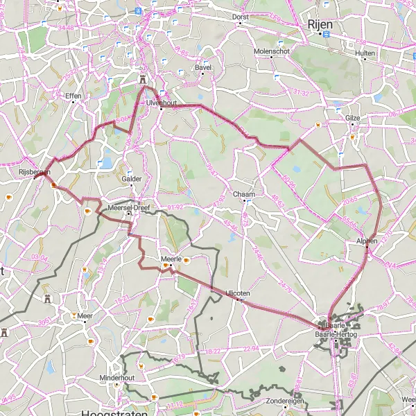 Miniatuurkaart van de fietsinspiratie "Gravelroute Rijsbergen - Hazeldonk via Alphen" in Noord-Brabant, Netherlands. Gemaakt door de Tarmacs.app fietsrouteplanner