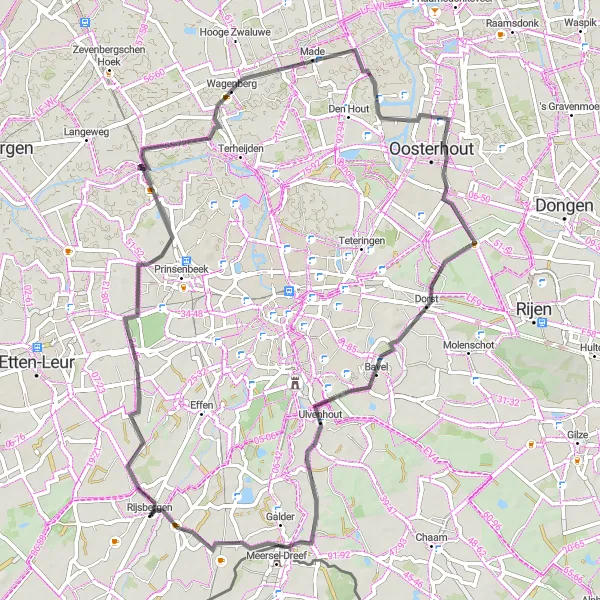 Map miniature of "Road Cycling Adventure: Rijsbergen and Beyond" cycling inspiration in Noord-Brabant, Netherlands. Generated by Tarmacs.app cycling route planner