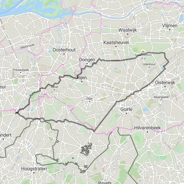 Miniatuurkaart van de fietsinspiratie "Rijsbergen naar Hazeldonk" in Noord-Brabant, Netherlands. Gemaakt door de Tarmacs.app fietsrouteplanner