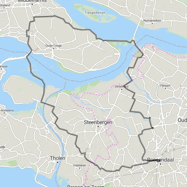 Miniatuurkaart van de fietsinspiratie "Rondje Krammersluizen en Volkeraksluizen" in Noord-Brabant, Netherlands. Gemaakt door de Tarmacs.app fietsrouteplanner