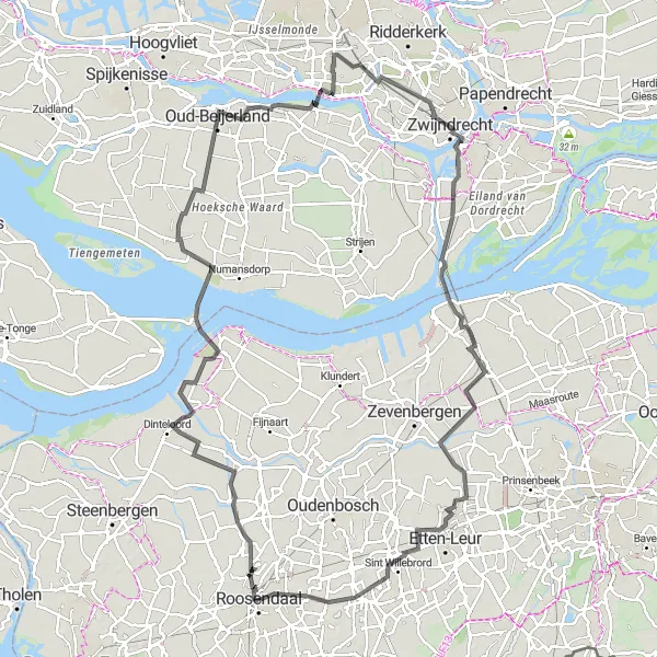 Miniatuurkaart van de fietsinspiratie "Van Dintelsas naar Roosendaal via historische bezienswaardigheden" in Noord-Brabant, Netherlands. Gemaakt door de Tarmacs.app fietsrouteplanner