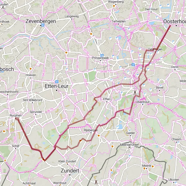 Map miniature of "Gravel Adventure near Rucphen" cycling inspiration in Noord-Brabant, Netherlands. Generated by Tarmacs.app cycling route planner