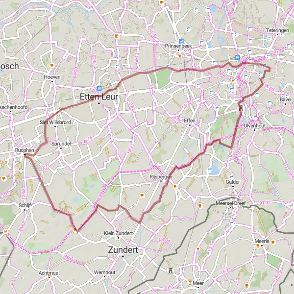Miniatuurkaart van de fietsinspiratie "Gravel route door Etten-Leur, Breda en Kasteel Bouvigne" in Noord-Brabant, Netherlands. Gemaakt door de Tarmacs.app fietsrouteplanner