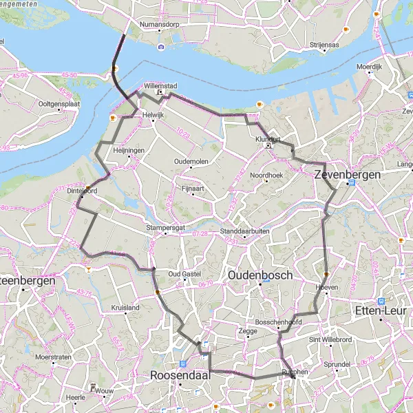 Miniatuurkaart van de fietsinspiratie "Wegroute langs Dintelsas, Willemstad en Klundert" in Noord-Brabant, Netherlands. Gemaakt door de Tarmacs.app fietsrouteplanner