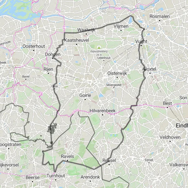 Miniatuurkaart van de fietsinspiratie "Lange wegtocht in Noord-Brabant" in Noord-Brabant, Netherlands. Gemaakt door de Tarmacs.app fietsrouteplanner