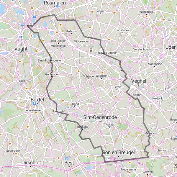 Map miniature of "The Hidden Gems of Heeswijk-Dinther & Mariahout" cycling inspiration in Noord-Brabant, Netherlands. Generated by Tarmacs.app cycling route planner
