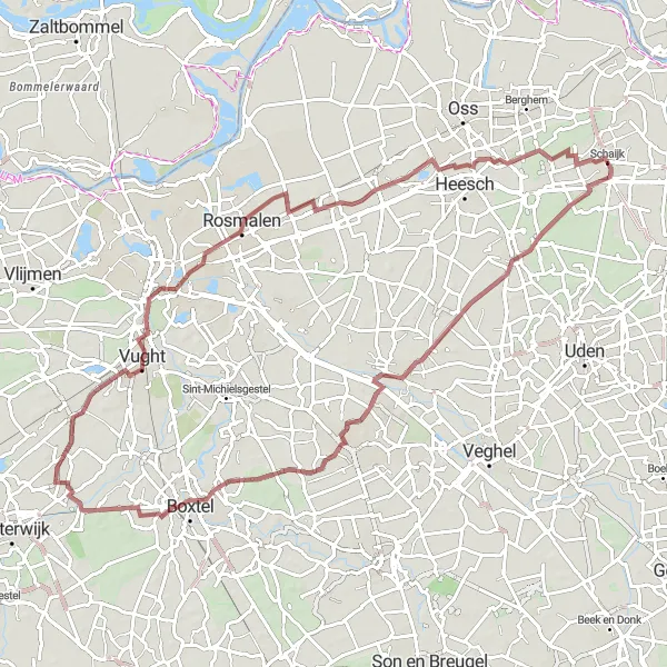 Map miniature of "Heeswijk-Dinther Gravel Exploration" cycling inspiration in Noord-Brabant, Netherlands. Generated by Tarmacs.app cycling route planner