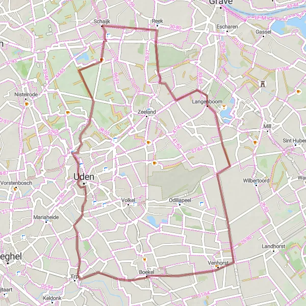 Map miniature of "Schaijk Gravel Adventure" cycling inspiration in Noord-Brabant, Netherlands. Generated by Tarmacs.app cycling route planner