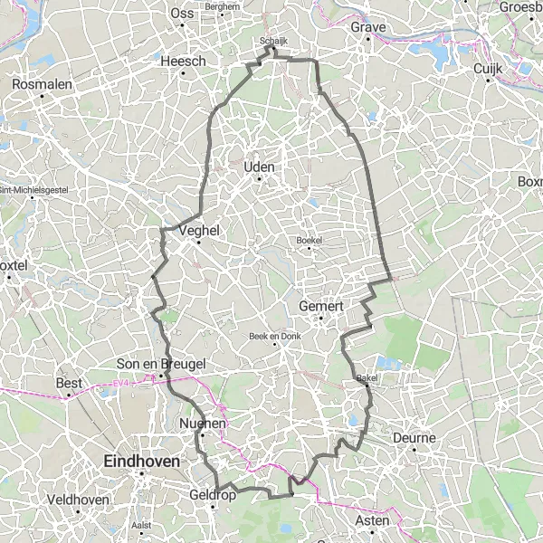 Map miniature of "Elsendorp Round-trip Cycling Route" cycling inspiration in Noord-Brabant, Netherlands. Generated by Tarmacs.app cycling route planner