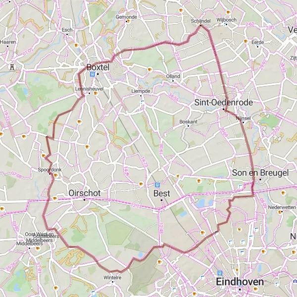 Map miniature of "Gravel Adventure from Schijndel to Spoordonk and Back" cycling inspiration in Noord-Brabant, Netherlands. Generated by Tarmacs.app cycling route planner