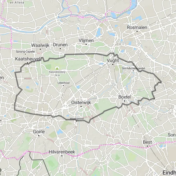 Map miniature of "Road Cycling Odyssey from Schijndel to Fort Isabella" cycling inspiration in Noord-Brabant, Netherlands. Generated by Tarmacs.app cycling route planner