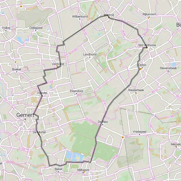 Miniatuurkaart van de fietsinspiratie "Wegfietsen van Sint Anthonis naar Wanroij" in Noord-Brabant, Netherlands. Gemaakt door de Tarmacs.app fietsrouteplanner