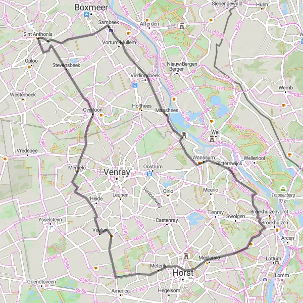 Miniatuurkaart van de fietsinspiratie "Roadroute naar Merselo en Overloon" in Noord-Brabant, Netherlands. Gemaakt door de Tarmacs.app fietsrouteplanner