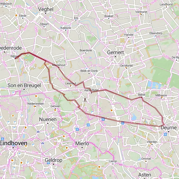 Miniatuurkaart van de fietsinspiratie "Grindwegen van Aarle-Rixtel naar Achterbosch" in Noord-Brabant, Netherlands. Gemaakt door de Tarmacs.app fietsrouteplanner