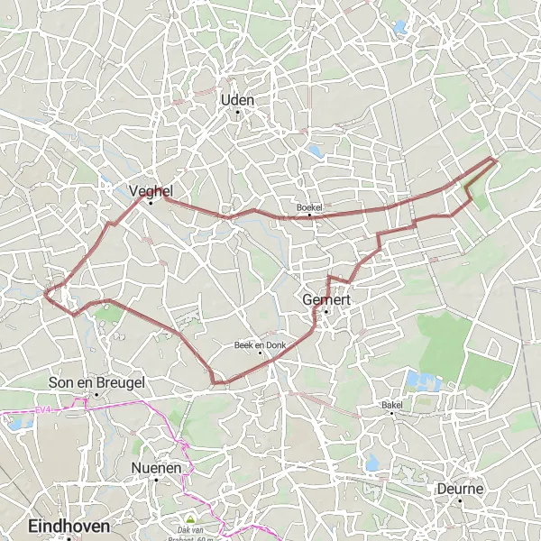 Map miniature of "Off the Beaten Path: Gravel Exploration" cycling inspiration in Noord-Brabant, Netherlands. Generated by Tarmacs.app cycling route planner